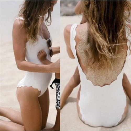 New Women Sexy One-piece Beachwear Women Summer Wave Shape Wide Straps Swimsuit Solid Color