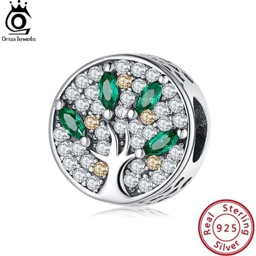 ORSA JEWELS 925 Sterling Silver Charm Bead Classic Zircon Tree of Life Pendant Fit Original Women Bracelet DIY Jewelry CB176
