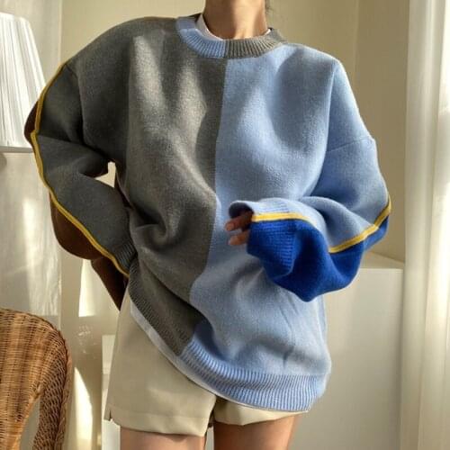 Autumn Winter O Neck Pullover Geometric Loose Casual Knitted Sweater For Women