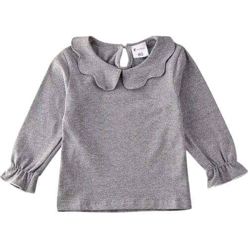 Pudcoco Fall Baby Girl Pullover Casual Ruffle T Shirt Long Sleeve Peter Pen Collar Cotton Top Tee Shirt Solid Kids Clothes