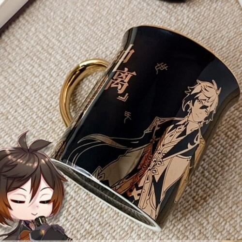 HOT Game Genshin Impact Cosplay Coffee Mug Water Ceramic Cup Keqing Zhongli Xiao Gold Stamping Men Women Spoon+Lid +Cup Gift Set