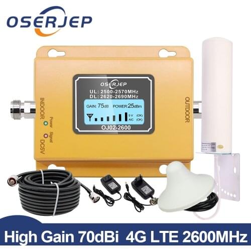 Oserjep 4G Band7 2600MHz Repeater LTE Cellphone Signal Booster 4G 2600 Amplifier AGC LTE Mobile Repeater 70dBi Full Kit