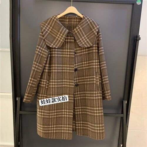 Doll Collar Wool Coat Womens Autumn New Mid-Length Plaid Outwear Mujer Fashion Loose Long-Sleeve Warm Woolen Coat Female Q322