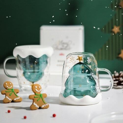 Glass Mugs Double Wall Glass Christmas Tree Star Water Cup Mug Double-Layer Glass Milk Mug Coffee Cup New Year Christmas Gift