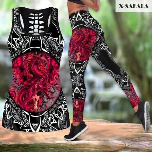 DragonCeltic Art 3D Printed Fitness Women Yoga Set Hollow Tank Top Leggings E27 Outfit High Waist Stretchy Girl Sport Pants