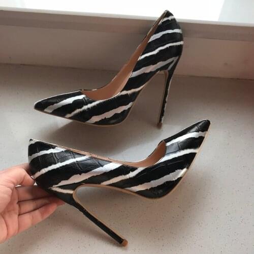 Women Shoes Zebra Print Slip on Pump Sexy Pointed Toe Heels Ladies Party Shoes 8/10/12CM high Heels Slides Zapatos mujer
