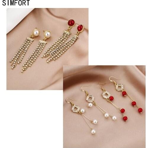 Womens 925 Silver Pin Earring Red Bead Hollow Diamond Rhombus Tassel Pearl Simple Personality Alloy Decoration Jewelry Gift