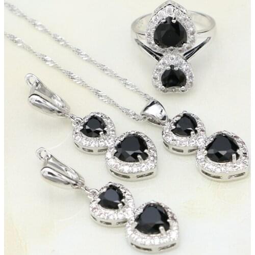 925 Silver Punk Jewelry Sets For Women Party Decoration Black Cubic Zirconia Heart Shape Drop Earrings/Pendant/Necklace/Ring
