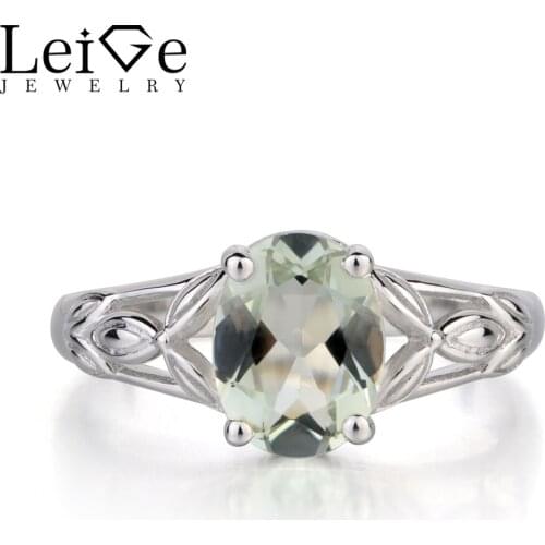 Leige Jewelry Solitaire Real Green Amethyst Ring Oval Cut Ring Fine Gemstone wedding Ring Solid 925 Sterling Silver Ring for Her