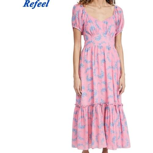 Summer Women Floral Print Pink Holiday Long Party Dresses Elegant Ladies Sexy V Neck Short Sleeve A-line Slim Midi Dress