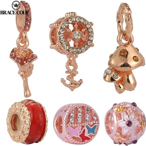 2pcs/Lot New In Spring 2021 Rose Flower Direction Hollow Anchor Love Rhinestone Small Mushroom DIY Pendant Brand Bracelets