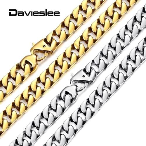 Davieslee Fashion Mens 10mm Curb Cuban Chain Link Necklace for Boys 316L Stainless Steel Gold Silver Color 20-36 inch DHNM26