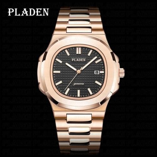 PLADEN Hip Hop Mens Watches Trendy Rose Gold Stainless Steel Quartz Watch Antique Automatic Date Dive Clock Relogio Masculino