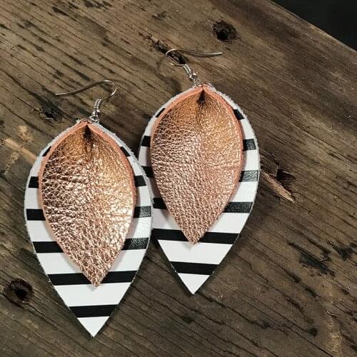 Double Layer Glitter Colorful Striped Teardrop Earrings Rose Gold Leather Blue And White Stripes Large Leaf Earrings Stock
