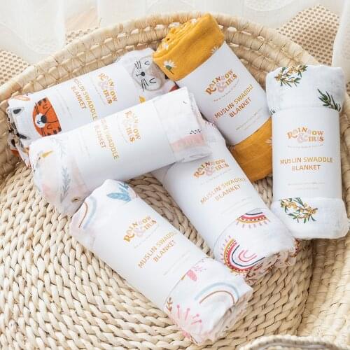 Bamboo Muslin Swaddle with Leaves Print Newborn Decor Accessory Gift Photography Background 120*120cm