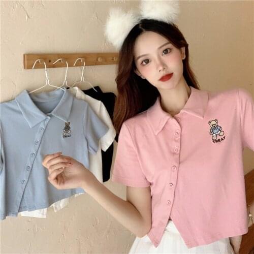 Bear print short-sleeved t-shirt womens self-cultivation summer new design niche French short high-waisted top