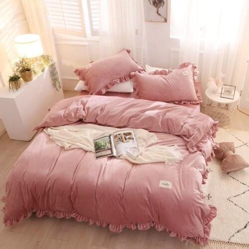 JUSTCHIC Princess Ruffle Pink White Duvet Cover Winter Warm Flannel Double-sided Plus Velvet Quilt Cover Kids