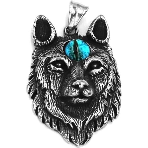 Norse Viking Eye Wolf Pendant Stainless Steel Jewelry Fashion Viking Charm Animal Blue Stone Biker Men Pendant SWP0546