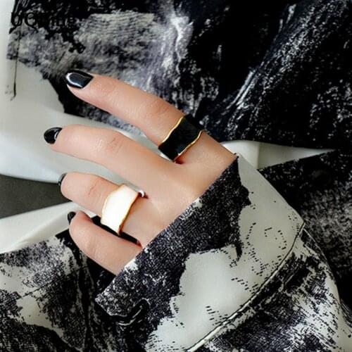 INS 925 Sterling Silver Round Black White Enamel Women Finger Rings Jewelry