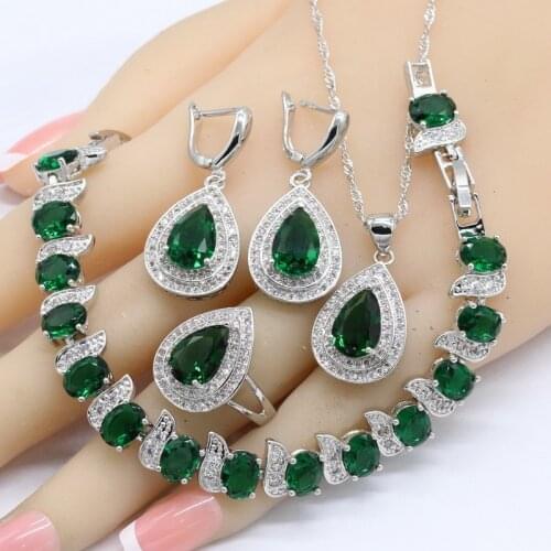 925 Silver Jewelry Sets For Women Green Emerald Bracelet Earrings Necklace Pendant Rings Wedding Brithday Gift
