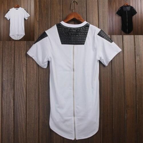 Men Swag Leather T-shirt Extend Golden Zip Mens Streetwear T Shirt Oversized Back zipper Hip Hop Tee Extended Punk T-shirt