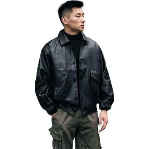 Youth soft leather dress mens loose Korean version of the lapel locomotive dress tide brand bomber leather jacket jacket tide