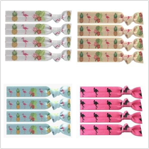New Arrived 10 Colors 40pcs 5/8"Flamingos Pineapple Print Elastic Hair Band Knotted Hair Tie FOE Ponytail Holder Hair Accessory