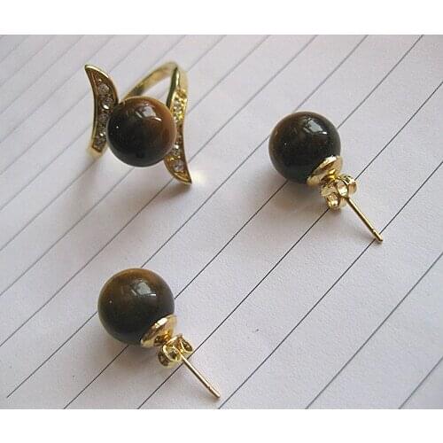 Wholesale christmas gift 12mm tiger eye jade stud earring & ring(#7.8.9)