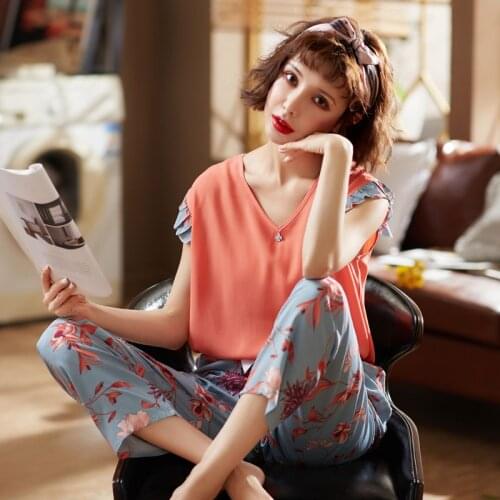 Spring And Summer Cotton Short-Sleeved Pajamas Women Thin Section Suit Sleeveless Artificial Cotton Trousers Youth Nighties