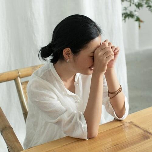 Hanma linen blended cool breathable small stand collar white shirt female no dust 20608