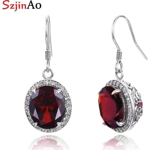 SzjinAo Handmade Round Big Garnet Earrings Real 925 Sterling Silver Luxury Fine Jewelry Women Birthstone Earring Wholesale