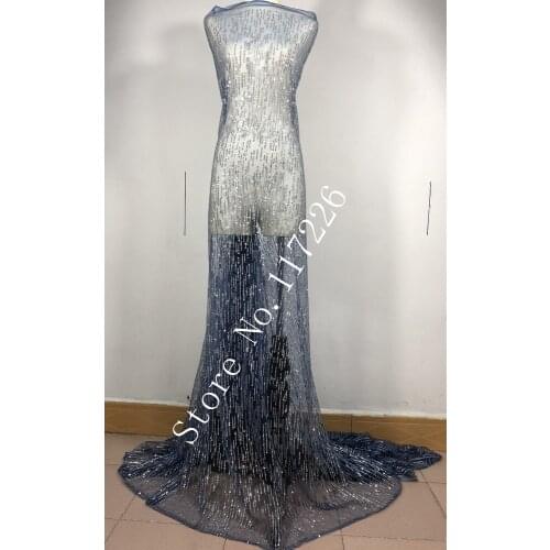 High quality nigerian embroidery net lace with glitter African tulle mesh lace fabric in navy blue mesh silver glitter