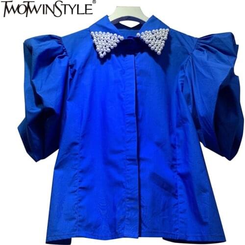 TWOTWINSTYLE Patchwork Casual Shirts For Women Lapel Short Sleeve Single Breasted Blouses Female Fashion New Clothing 2021 Style