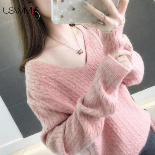 Women Fashion Sweater Spring V-neck Leisure Loose Long Sleeve Solid Color Outwear Comfort Bottoming Knitting Female Pullover