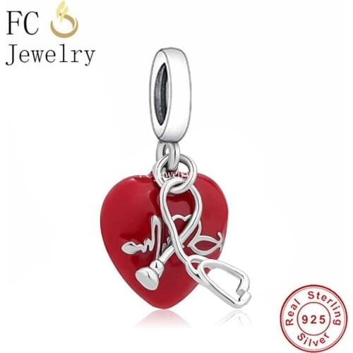 FC Jewelry Fit Original Charm Bracelet 925 Sterling Silver Red Enamel Heart Rate Stethoscope Bead For Making Women Berloque 2021