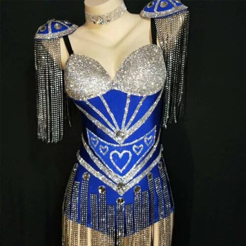 Shining Diamonds Blue Long Silver Chain Tassel Women Bodysuits Bodycon Pole Dancing Outfit Nightclub DJ Singer Stage Wear