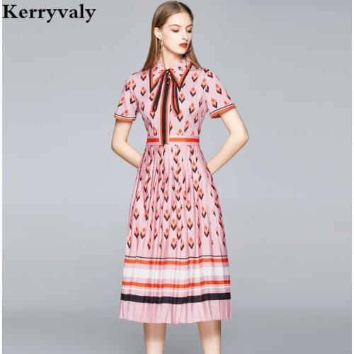 French Lapel Bow Contrasting Color Printed Pleated Summer Dress Vestidos Verano 2021 Mujer Lady Midi Runway Party Dress K8207