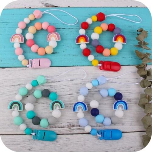 2Pcs/set Rainbow Hot Air Balloon Food Grade Silicone Teethers Bracelet and Teething Pacifier Clips Chain
