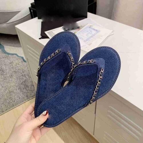 2021 Summer Women Slippers Flats Solid Chain Flip Flop Denim Beach Ladies Shoes Outside Casual Luxury Designer Zapatillas Mujer