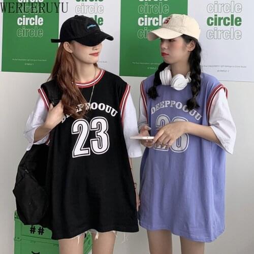 WERUERUYU Loose Mid-length Casual Sports Basketball Uniforms Fake Two-piece Short-sleeved T-shirt Student Top