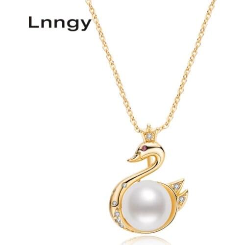 Lnngy 14K Gold Filled Swan Chain Necklace 9.5-10mm Natural Freshwater Pearl Swan Pendant Necklace Women Pearl Pendant Jewelry