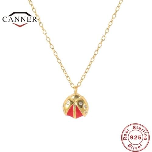 CANNER 925 Sterling Silver Red Green Ladybug Pendant Fashion Chain Necklace for Women Clavicle Choker Necklaces Fine Jewelry