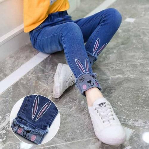 Spring Autumn Girls Cartoon Rabbit Jeans Kids Embroidery Denim Pants Girls Jeans Teenage Pants for 3-12 Years