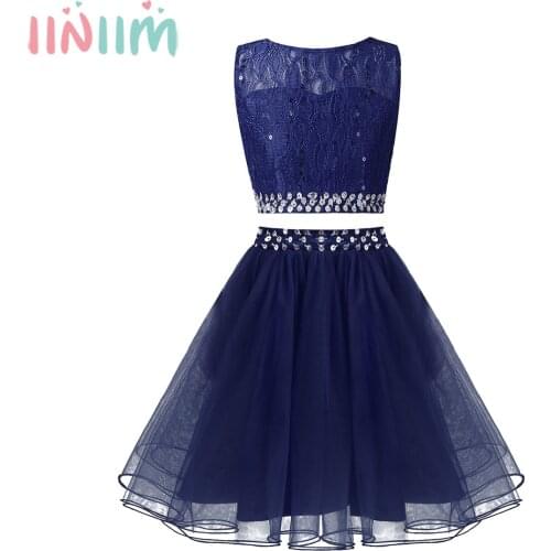 Iiniim Kids Girls Shiny Sequins Keyhole Back Hollow Out Lace Sequins Beads Top with Sequins Faux Diamond Mesh Tutu Skirt Set