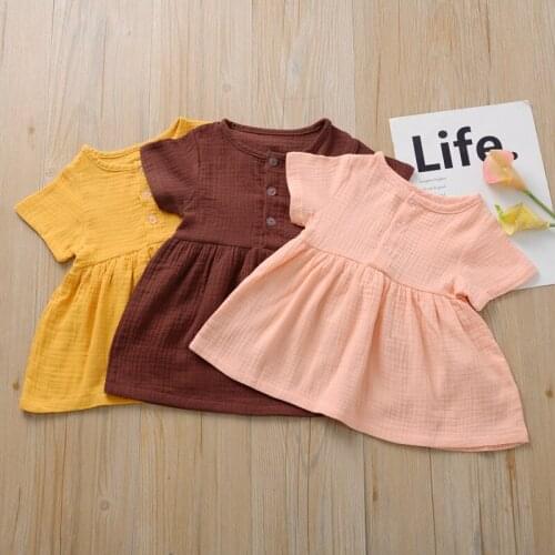 Kids Summer Soild color Baby Girls 6M-3T Cotton Linen Dress Fashion Plain Short sleeve Mini Sundress Party Vestido Clothes