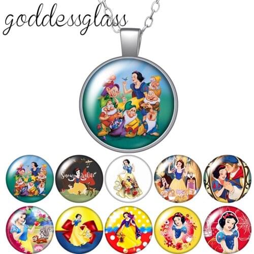 Disney Princess Snow white and the Seven Dwarfs Round Glass glass cabochon silver plated/Crystal pendant necklace jewelry Gift