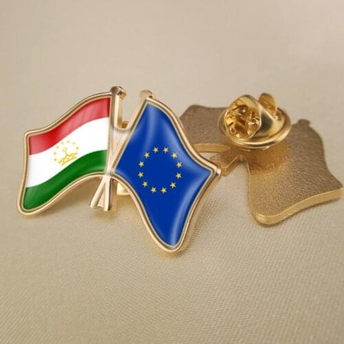 European Union and Tajikistan Crossed Double Friendship Flags Lapel Pins
