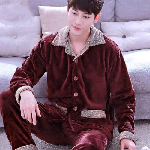 H5873 Men Pajamas Set Thickened Flannel Long Sleeve Nightgown Autumn Winter Coral Velvet Home Clothes Plus Size Loose Sleepwear