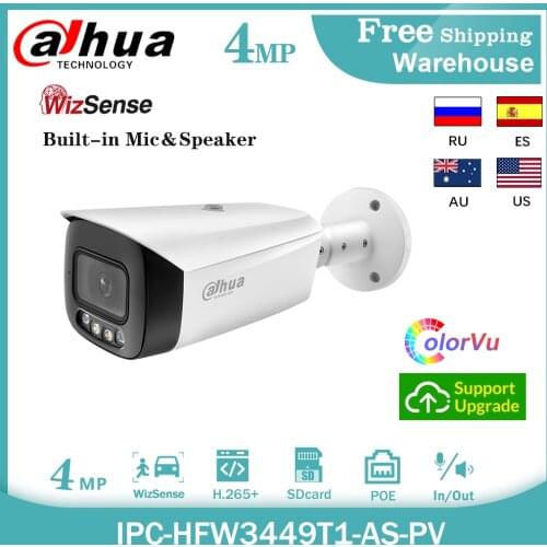 Dahua 4MP IP Camera Full-Color IPC-HFW3449T1-AS-PV WizSense POE Built-in MIC&SD Card H.265+CCTV Surveillance Video Bullet Camera