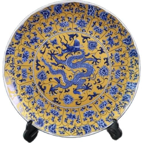 Chinese Old Porcelain Golden Blue And White Dragon Pattern Appreciation Plate